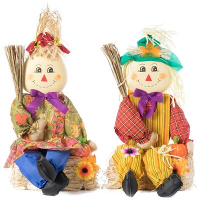 Gardenised Set of 2 Garden Scarecrows Sitting on Hay Bale Image 1