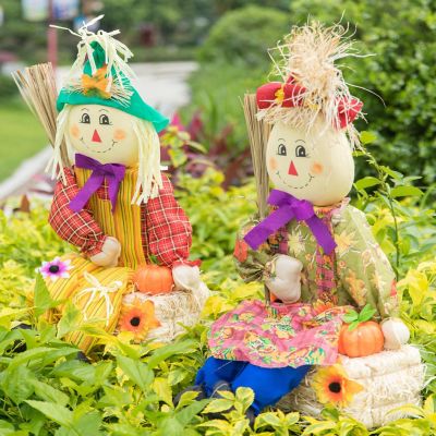 Gardenised Set of 2 Garden Scarecrows Sitting on Hay Bale Image 2