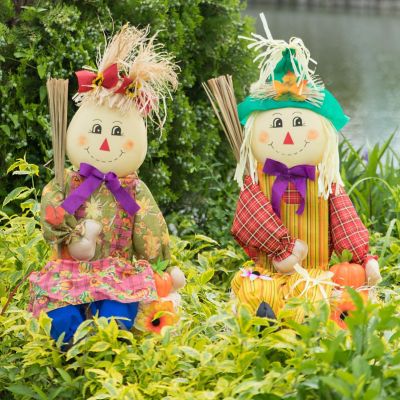 Gardenised Set of 2 Garden Scarecrows Sitting on Hay Bale Image 3