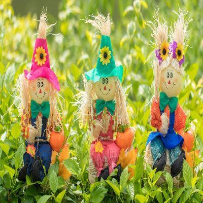 Gardenised Set of 3 Garden Scarecrows Sitting on Hay Bale Image 1