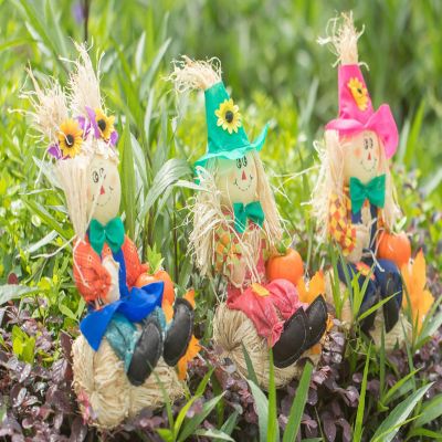 Gardenised Set of 3 Garden Scarecrows Sitting on Hay Bale Image 2