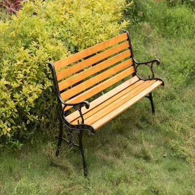 Gardenised Wooden Outdoor Park Patio Garden Yard Bench with Designed Steel Armrest and Legs Image 2
