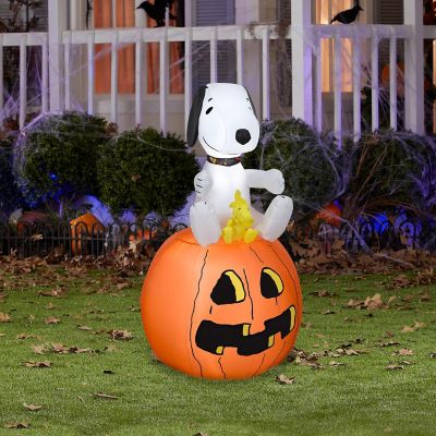 Gemmy Airblown Inflatable Snoopy with Halloween Collar and Woodstock on Pumpkin  3.5 ft Tall Image 1