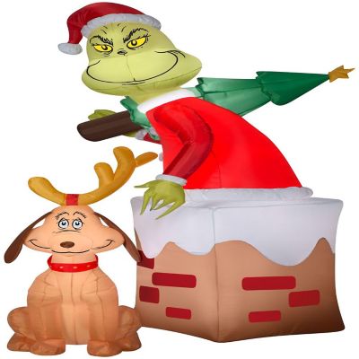 Gemmy Christmas Airblown Inflatable Grinch in Chimney with Max Scene Dr. Seuss  5.5 ft Tall Image 1