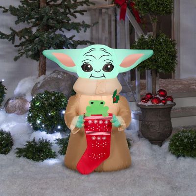 Gemmy Christmas Airblown Inflatable Inflatable Grogu&#8482; with Frog in Stocking  3.5 ft Tall  brown Image 1