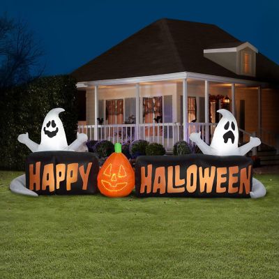 Gemmy Lightshow Airblown Micro Lights Sign Happy Halloween with Ghosts and JOL Scene (White)  3 ft Tall Image 1