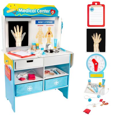 Get Well Doctor Wooden Activity Center - Kid's Pretend Play Medical Playset w 16 Fun Accessories, Dual Sided, Office Checkup Kit X-Rays Blood Pressure Cuff- Rol Image 1