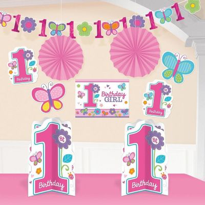 Girl's 1st Birthday Party 8 Piece Decorating Kit Flowers and Butterflies Decor Amscan Image 1