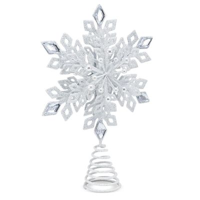 Glitter Snowflake Tree Topper - White Sparkling Christmas Tree Decoration with Gem Design Image 1