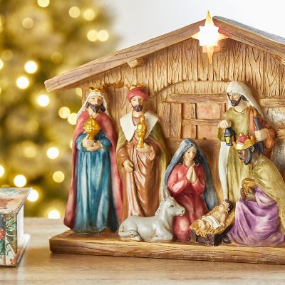 Glitzhome 12.5"L Lighted Resin Nativity House Image 2