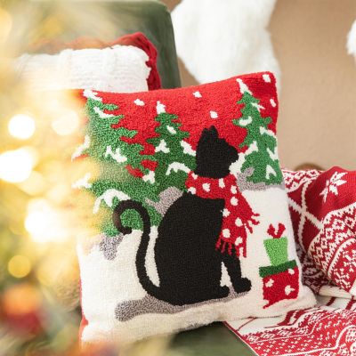 Glitzhome 14"L Hooked Christmas Cat Pillow Image 2