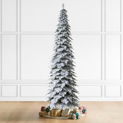 Glitzhome 15ft Pre-Lit Flocked Pencil Spruce Artificial Christmas Tree with 1400 Warm White Lights,3 Function Simple Setup Image 1