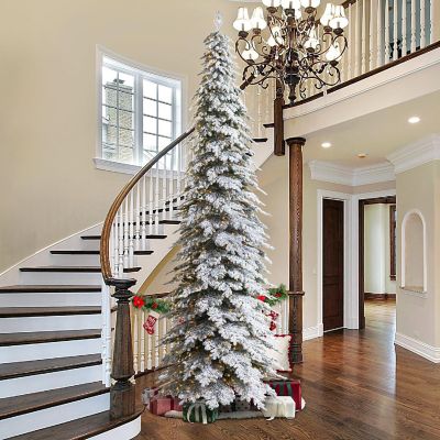 Glitzhome 15ft Pre-Lit Flocked Pencil Spruce Artificial Christmas Tree with 1400 Warm White Lights,3 Function Simple Setup Image 2