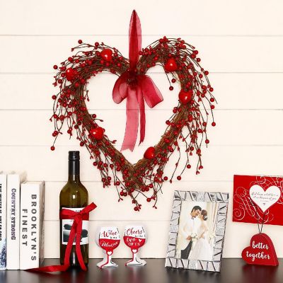 Glitzhome 17"H Valentine's Berry Heart Wreath Image 1