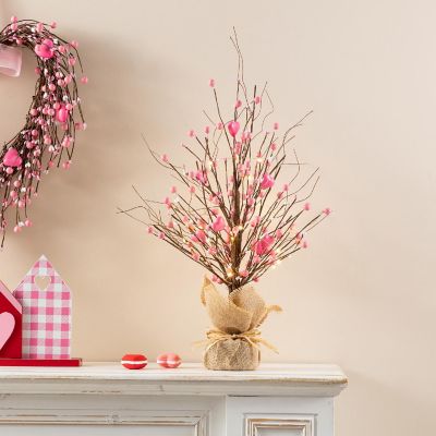 Glitzhome 20"H Lighted Valentine's Pink Berry Heart Table Tree Image 1