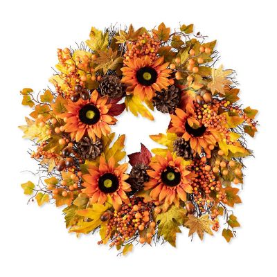 Glitzhome 24"D Fall Sunflower, Maple Leaf and Berry Wreath Image 1