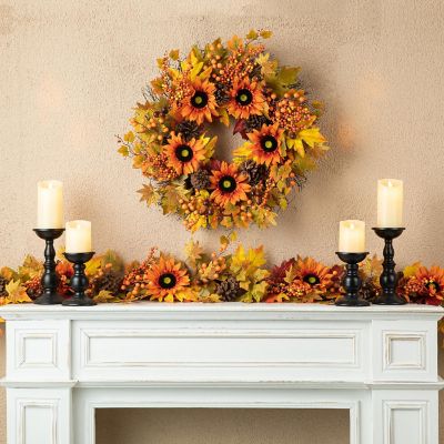 Glitzhome 24"D Fall Sunflower, Maple Leaf and Berry Wreath Image 1