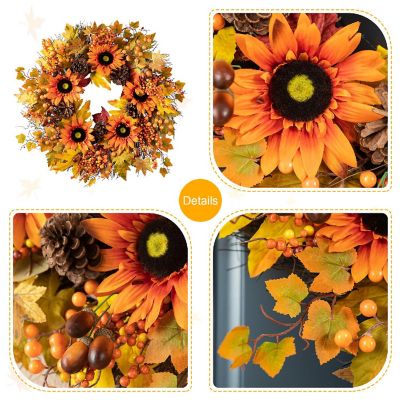 Glitzhome 24"D Fall Sunflower, Maple Leaf and Berry Wreath Image 2