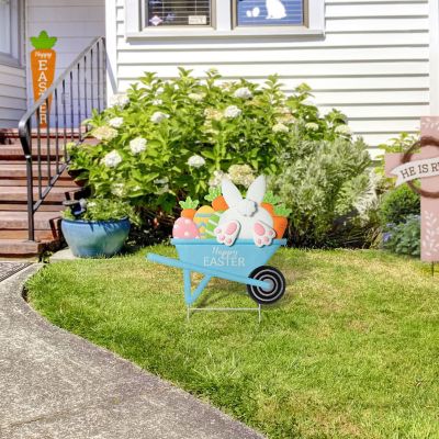 Glitzhome 24"H Easter Metal Wheel Barrow Yard Stake(KD, Two Functions) Image 1