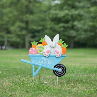 Glitzhome 24"H Easter Metal Wheel Barrow Yard Stake(KD, Two Functions) Image 2