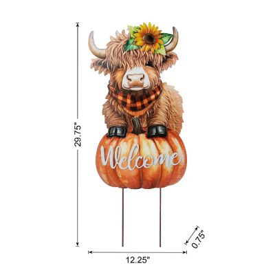 Glitzhome 29.75"H Fall Metal Highland Cow Yard Stake or Wall D&amp;#233;cor or (KD, Two Function) Image 1