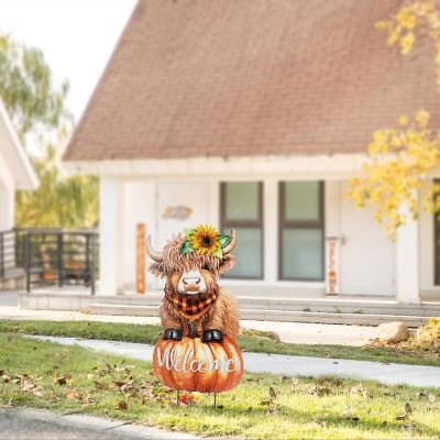 Glitzhome 29.75"H Fall Metal Highland Cow Yard Stake or Wall D&amp;#233;cor or (KD, Two Function) Image 1