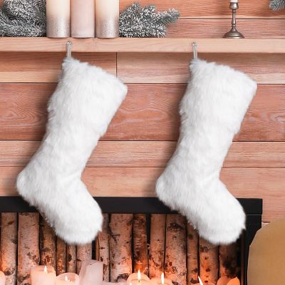 Glitzhome 2pk 21"L White Plush Christmas Stocking Image 1