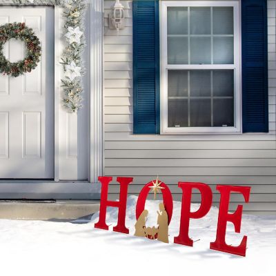 Glitzhome 32"H Lighted Metal HOPE Yard Stake or Standing Decor or Wall D&amp;#233;cor with Timer (KD, Three Function) Image 2