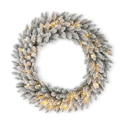 Glitzhome 36"D Oversized Pre-Lit Snow Flocked Christmas Wreath with 60 Warm White Lights with Timer, Three Function Image 1