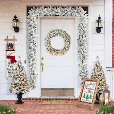 Glitzhome 36"D Oversized Pre-Lit Snow Flocked Christmas Wreath with 60 Warm White Lights with Timer, Three Function Image 1