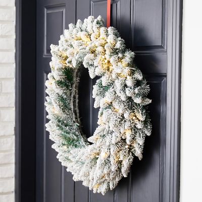 Glitzhome 36"D Oversized Pre-Lit Snow Flocked Christmas Wreath with 60 Warm White Lights with Timer, Three Function Image 2