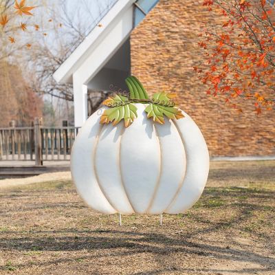 Glitzhome 39.5"H Fall Oversized Metal Ivory Pumpkin Yard Stake or Wall D&amp;#233;cor or Standing Decor(KD, Three Function) Image 2