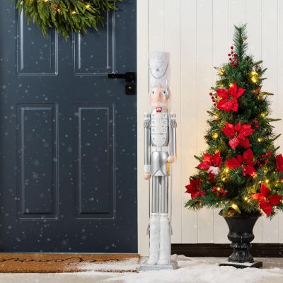 Glitzhome 42"H Wooden Christmas Silver Dressed Soldier Nutcracker Image 2