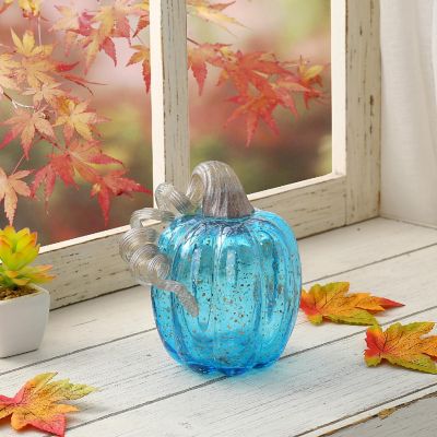 Glitzhome 6"H Fall Blue Glass Pumpkin Image 1