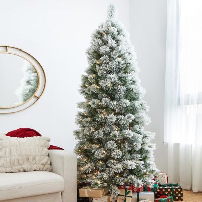 Glitzhome 7.5ft Pre-Lit Flocked Pencil Pine Artificial Christmas Tree with 350 Warm White Lights, 3 function Image 1