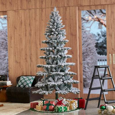 Glitzhome 7.5ft Pre-Lit Flocked Slim Spruce Artificial Christmas Tree with 320 Warm White Lights,3 Function Image 1