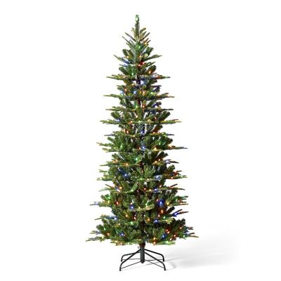 Glitzhome 7.5ft Pre-Lit Green Slim Fir Artificial Christmas Tree with 350 strawberry Lights,9 Functional Warm White/Multi-color, remote controller Image 1