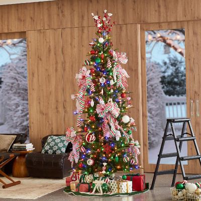 Glitzhome 7.5ft Pre-Lit Green Slim Fir Artificial Christmas Tree with 350 strawberry Lights,9 Functional Warm White/Multi-color, remote controller Image 1