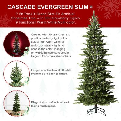 Glitzhome 7.5ft Pre-Lit Green Slim Fir Artificial Christmas Tree with 350 strawberry Lights,9 Functional Warm White/Multi-color, remote controller Image 3