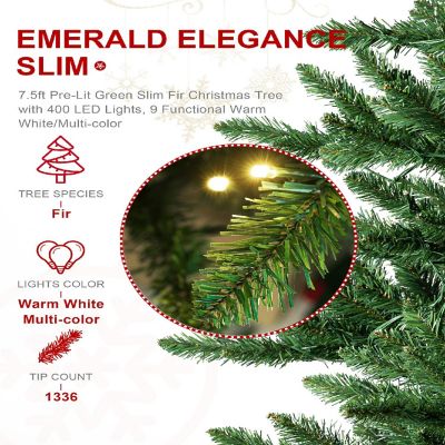 Glitzhome 7.5ft Pre-Lit Green Slim Fir Christmas Tree with 400 LED Lights, 9 Functional Warm White/Multi-color, remote controller Image 2