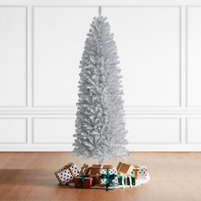 Glitzhome 7.5ft Silver Pencil Tinsel Artificial Christmas Tree Image 1
