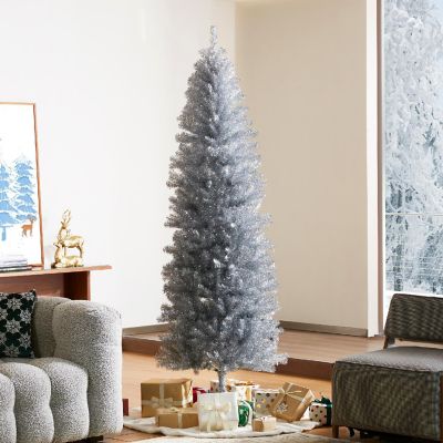 Glitzhome 7.5ft Silver Pencil Tinsel Artificial Christmas Tree Image 2