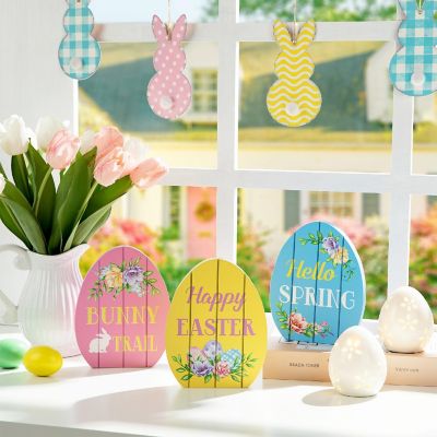 Glitzhome 7.5"H Set of 3 Easter Wooden Easter Egg Table Decor Image 1