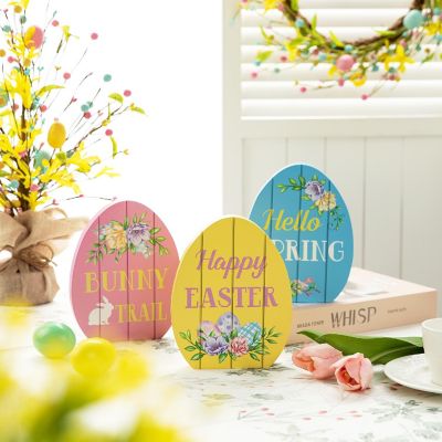 Glitzhome 7.5"H Set of 3 Easter Wooden Easter Egg Table Decor Image 2
