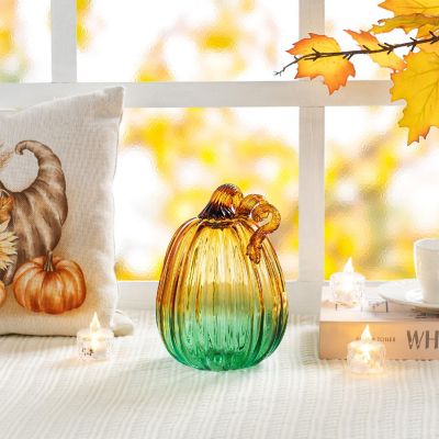 Glitzhome 7"H Gradient Turquoise Glass Pumpkin Image 1