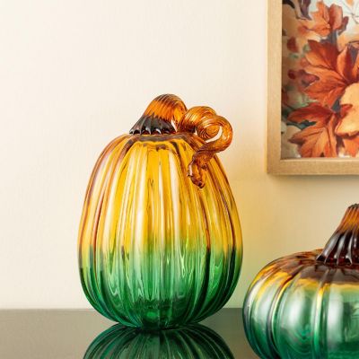 Glitzhome 7"H Gradient Turquoise Glass Pumpkin Image 3