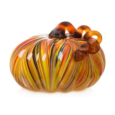 Glitzhome 8.5"D X 6.75"H Fall Multi Striped Glass Large Pumpkin Image 1