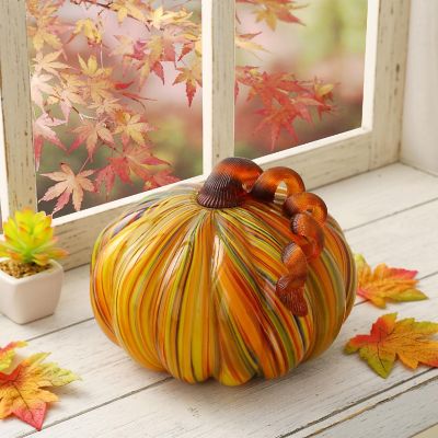 Glitzhome 8.5"D X 6.75"H Fall Multi Striped Glass Large Pumpkin Image 1