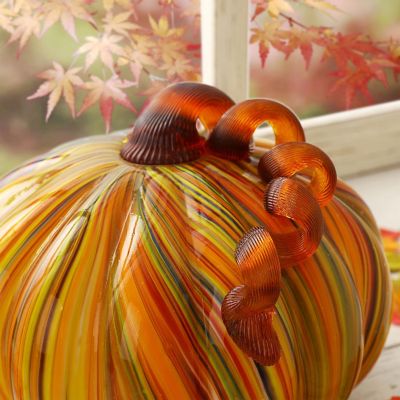 Glitzhome 8.5"D X 6.75"H Fall Multi Striped Glass Large Pumpkin Image 2