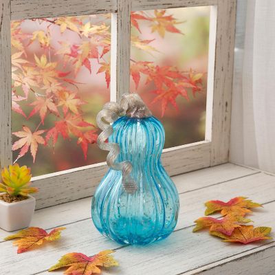 Glitzhome 8.5"H Fall Blue Glass Gourd Image 1